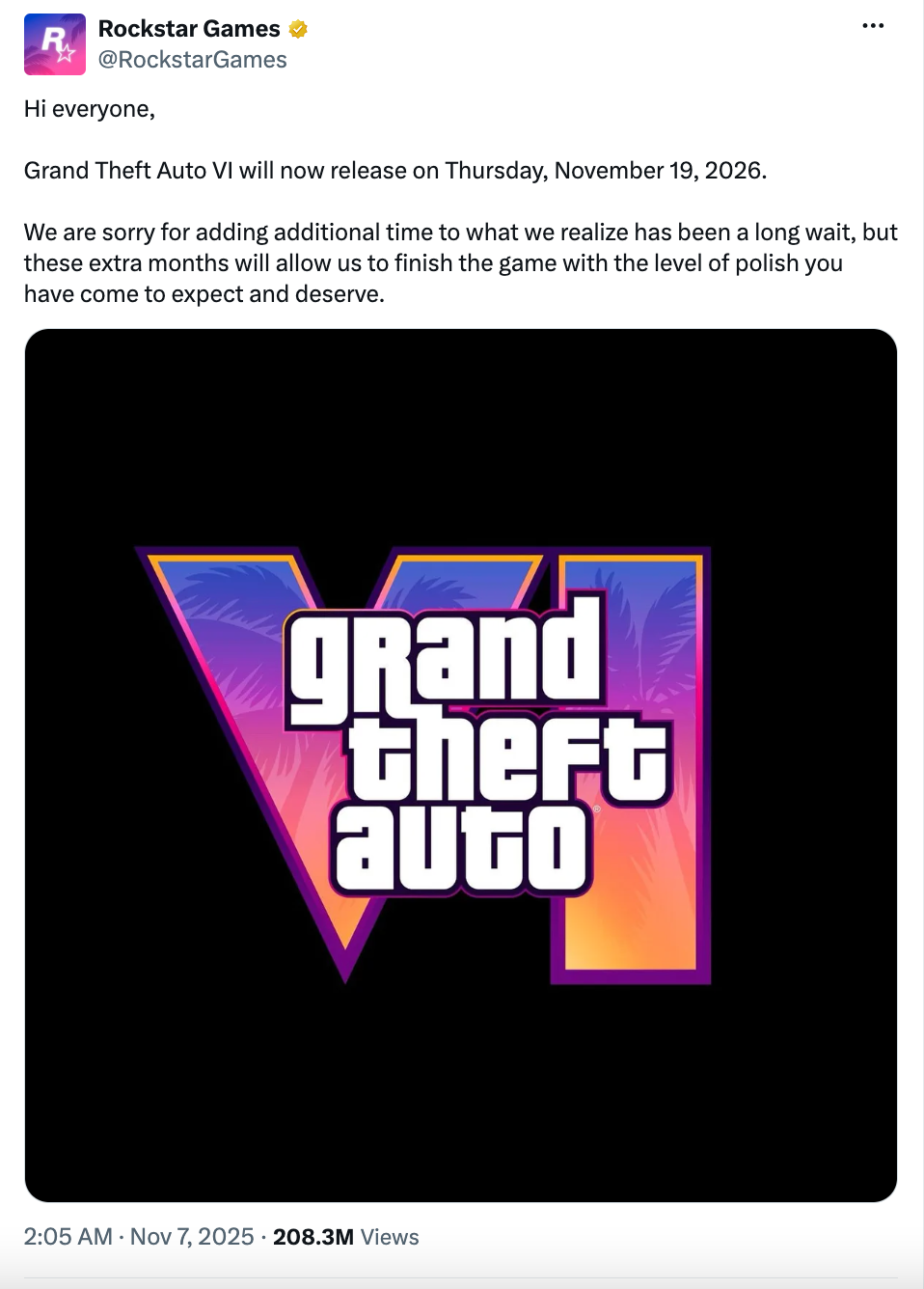 GTA 6 Release Date posted on X by Rockstar Games
